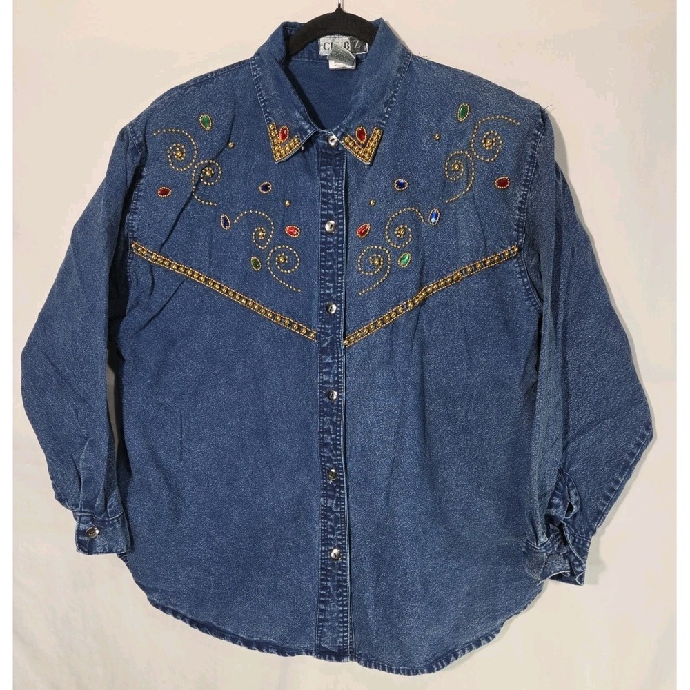 Retro 80's Acid Wash Denim Jean Bedazzled Button Up Long Sleeve Shirt Womens 2XL